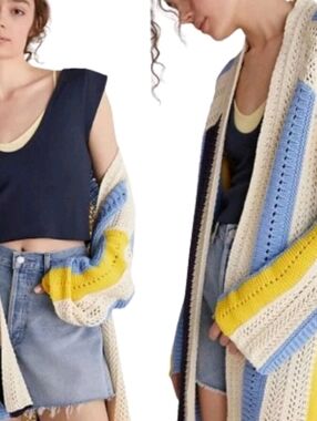 Anthropologie Cream, Blue, and Yellow Striped Cardigan